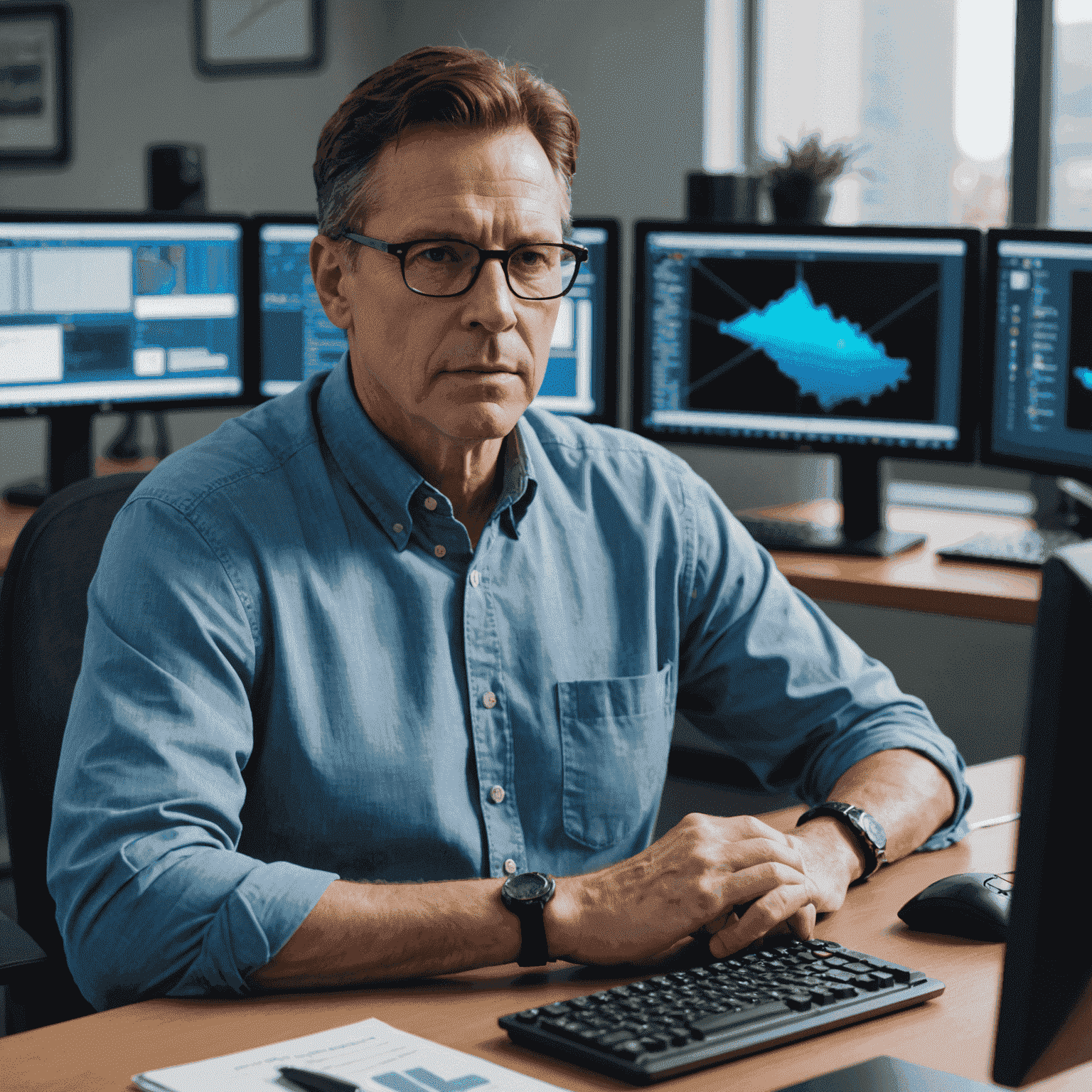 John Doe, a middle-aged man with short brown hair and glasses, wearing a blue button-up shirt, sitting at a desk with multiple computer monitors displaying various remote desktop interfaces