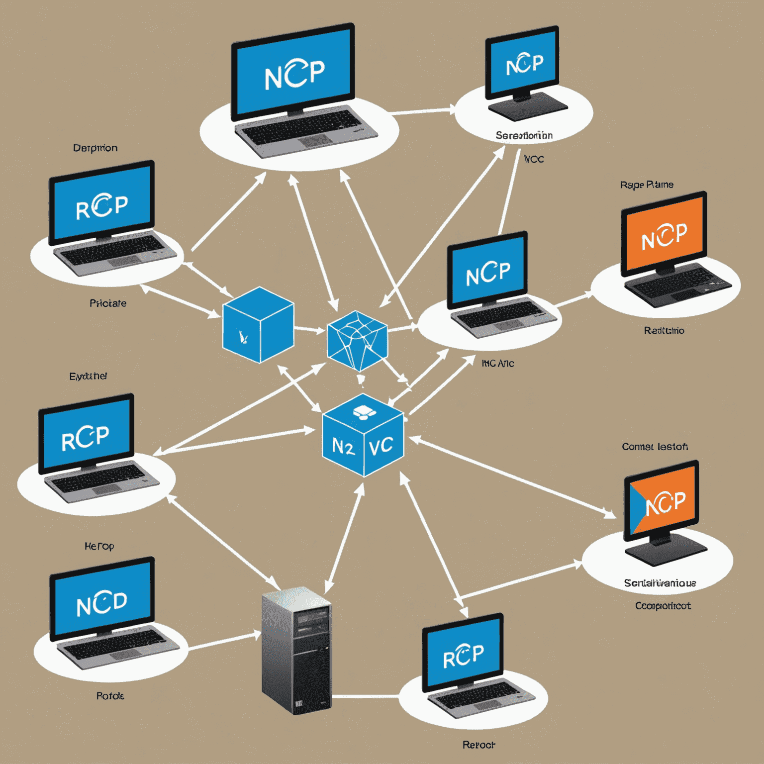 Diagram showing various remote desktop protocols including RDP, VNC, NX, and ICA with connecting lines between computers and servers