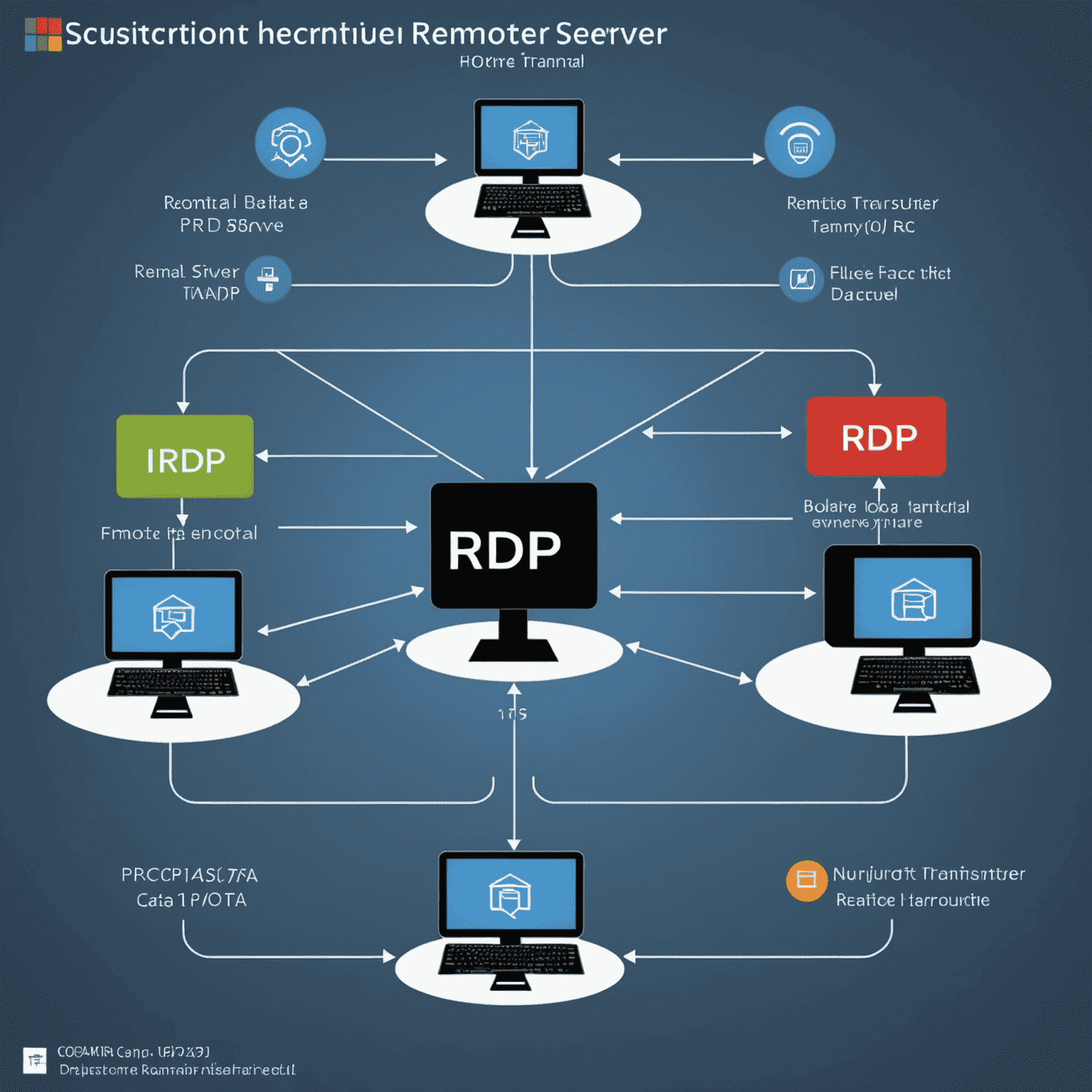 Diagram showing RDP connection between a local computer and a remote server, with encrypted data transfer highlighted