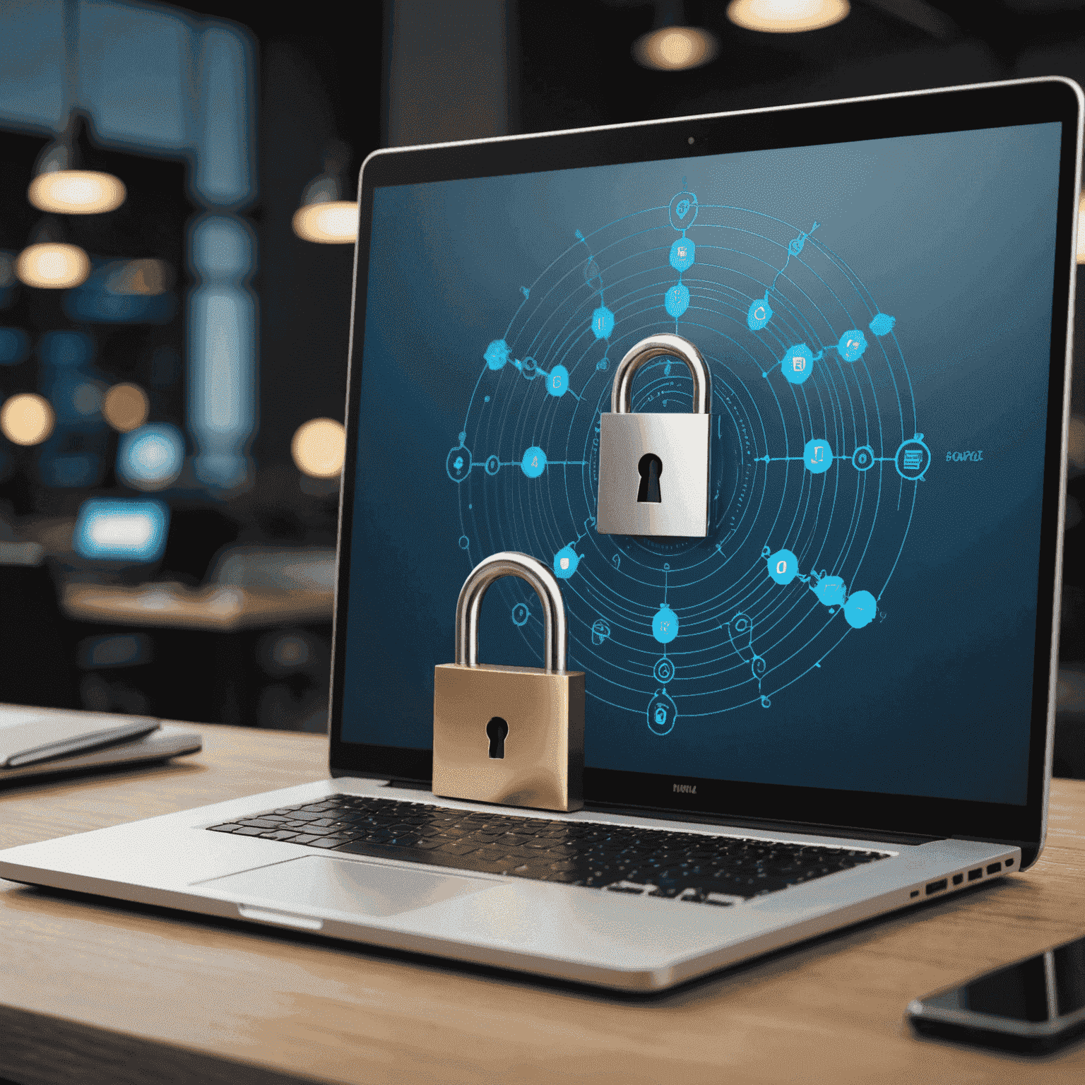 A secure remote desktop connection visualization showing a laptop connected to a server with a padlock icon, representing encryption and security measures