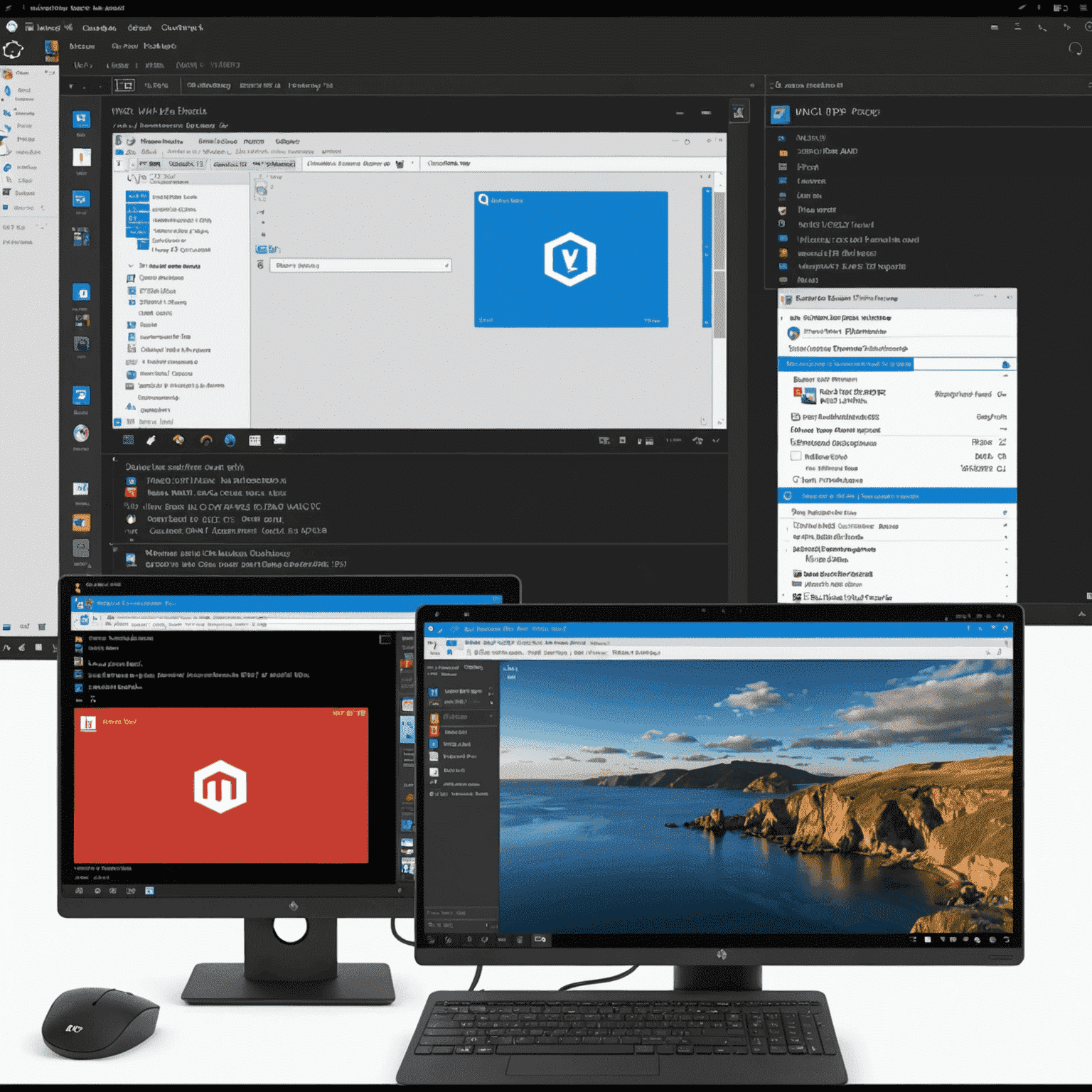 Split image showing RDP interface on the left and VNC interface on the right, demonstrating visual differences between the two remote desktop protocols