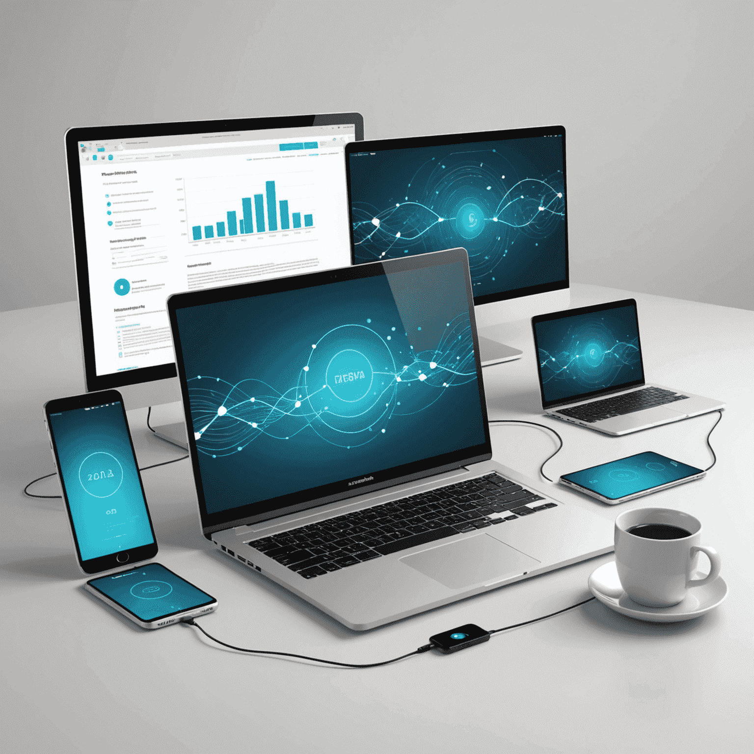 Illustration of NoMachine technology connecting multiple devices seamlessly, showcasing a laptop, desktop, and mobile device with flowing data streams between them