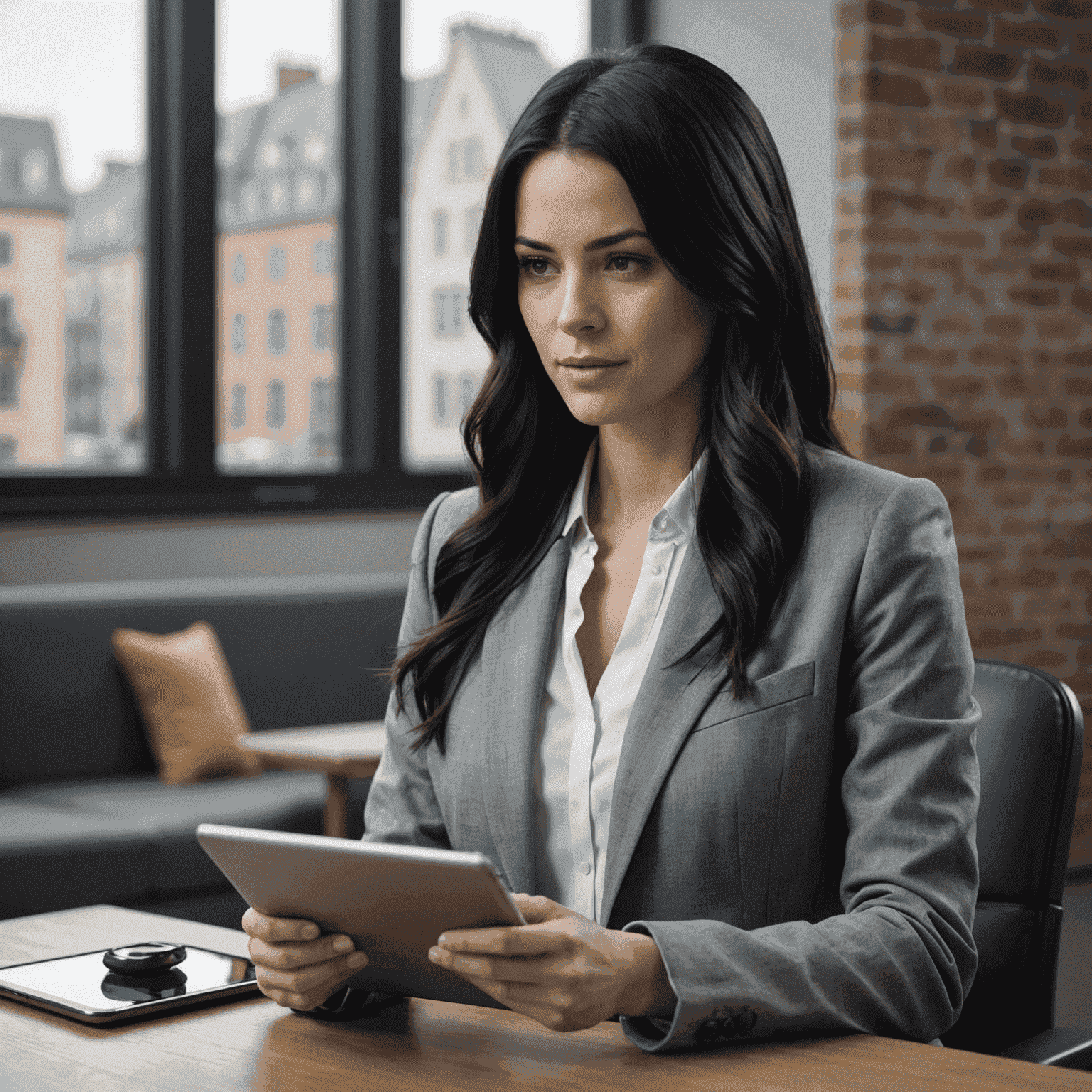 Jane Smith, a young woman with long black hair, wearing a professional grey blazer, demonstrating a remote desktop application on a tablet