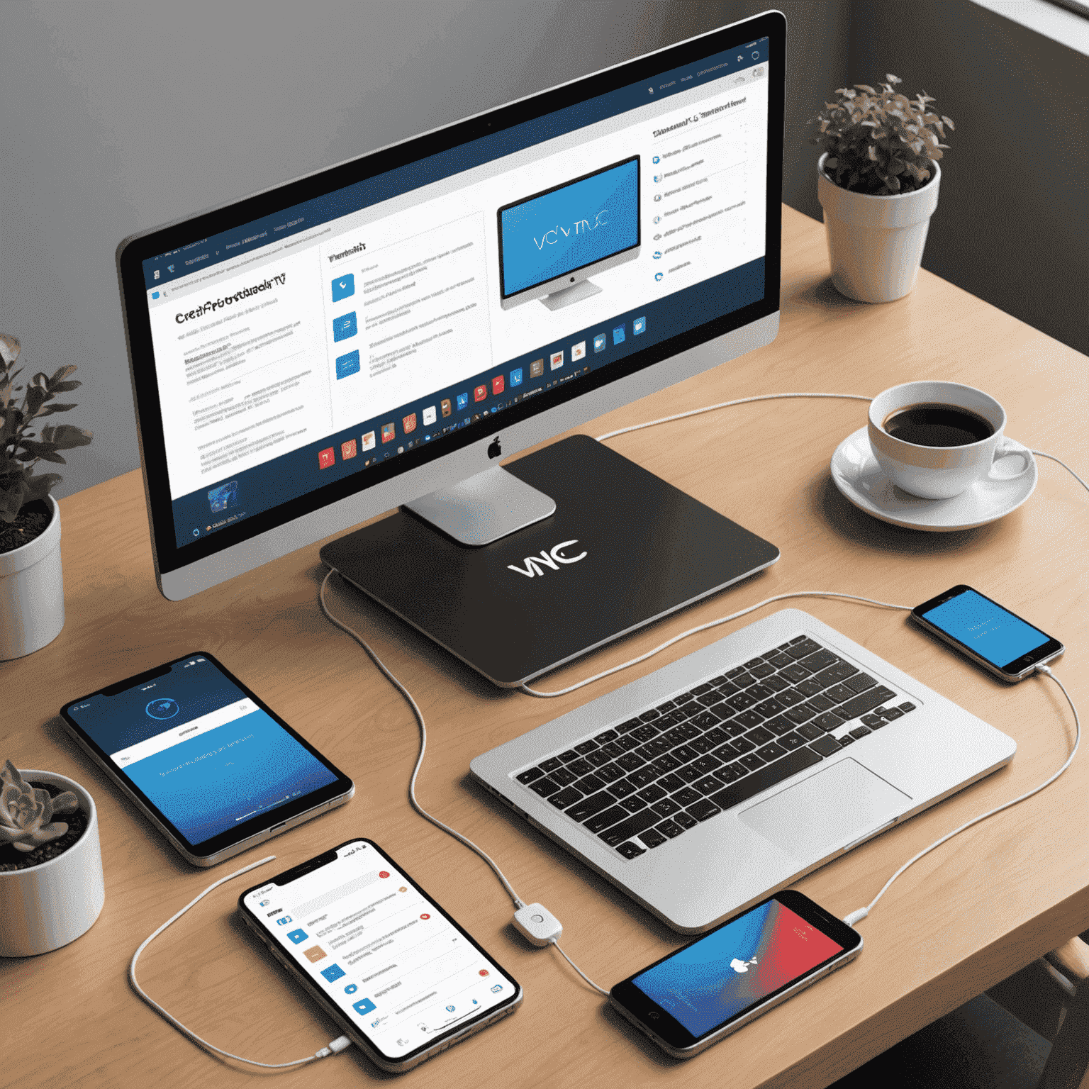 Illustration of VNC protocol connecting diverse devices like smartphones, tablets, and computers to a remote desktop