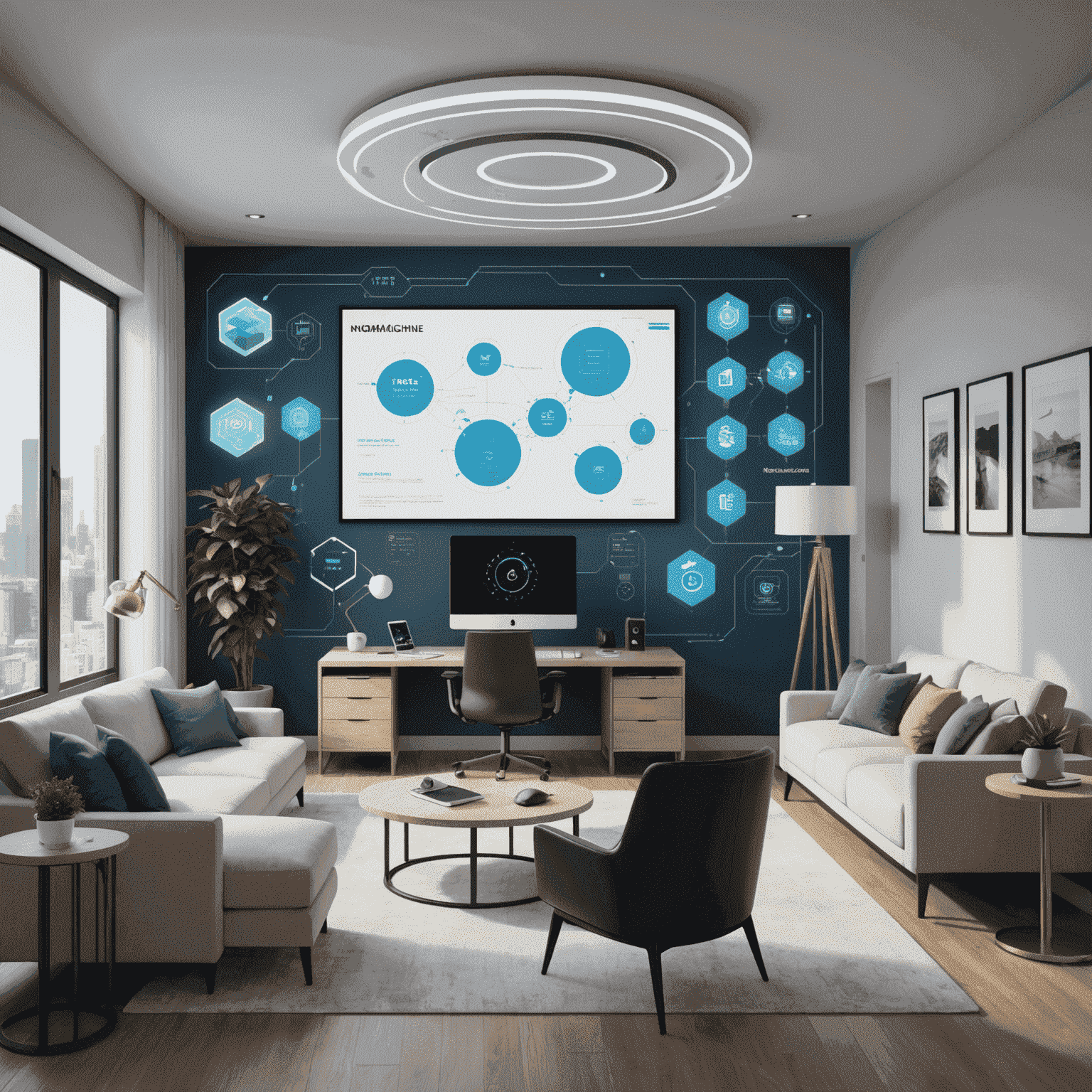 Futuristic visualization of NoMachine technology connecting various IoT devices, smart homes, and office environments seamlessly