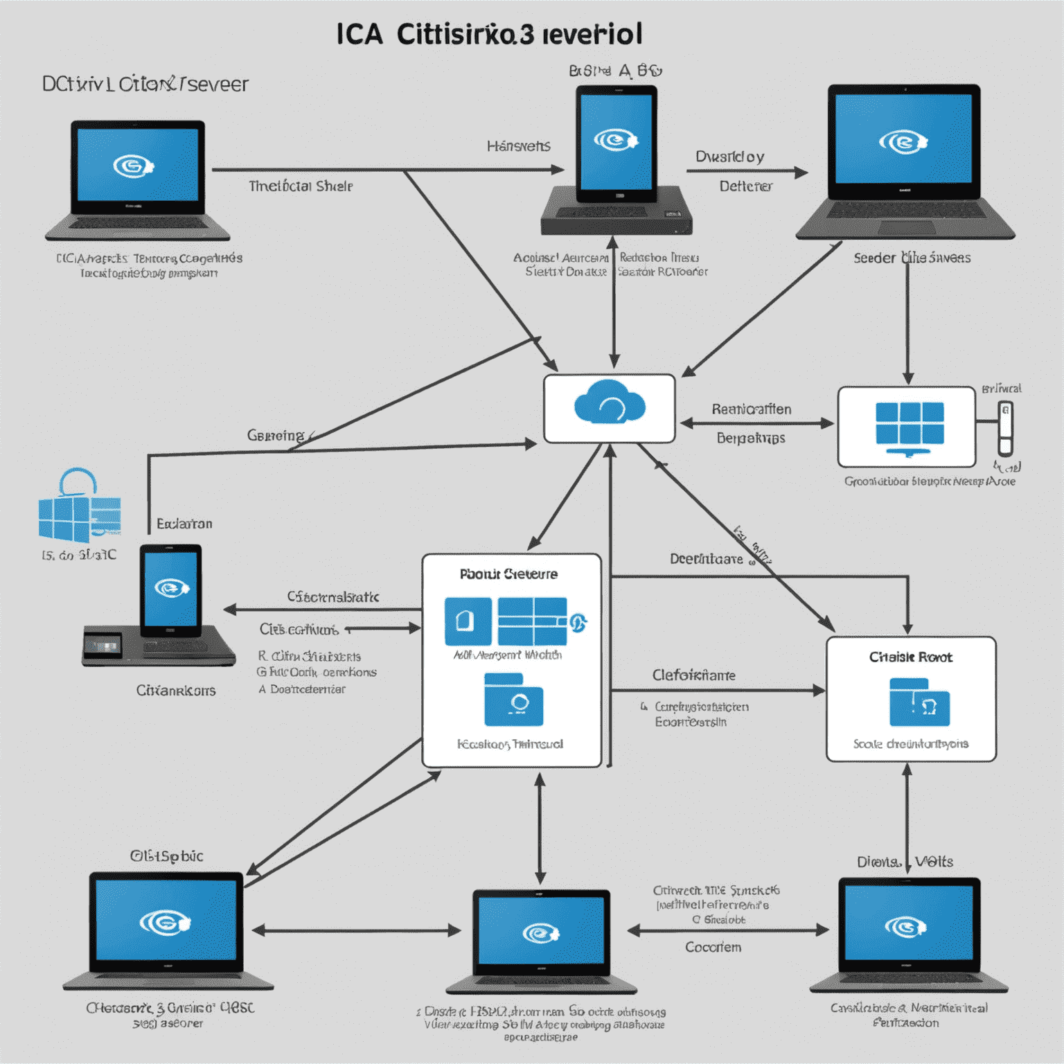 Schematic of ICA protocol showing application delivery from a Citrix server to various client devices